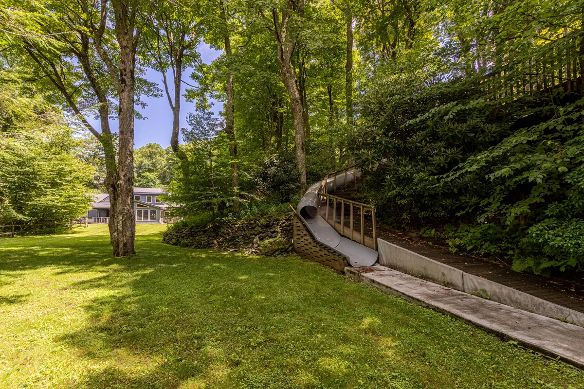 This image captures a vibrant yard featuring a slide surrounded by lush greenery, with the house visible in the background. The open grassy area provides ample space for play and exploration, making it ideal for both children and pets.